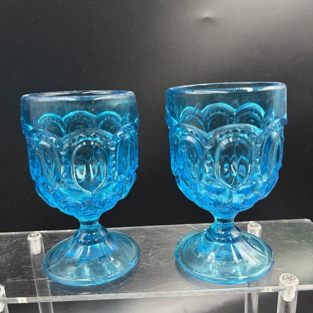 Vintage LE Smith Moon & Stars Peacock Blue Cordial Set of 2 Pedestal Goblet UV +